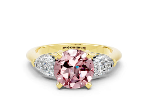 Yellow gold Three-Stone Round Cut Morganite Ring with Pear Side Stones and Four-Prong Setting