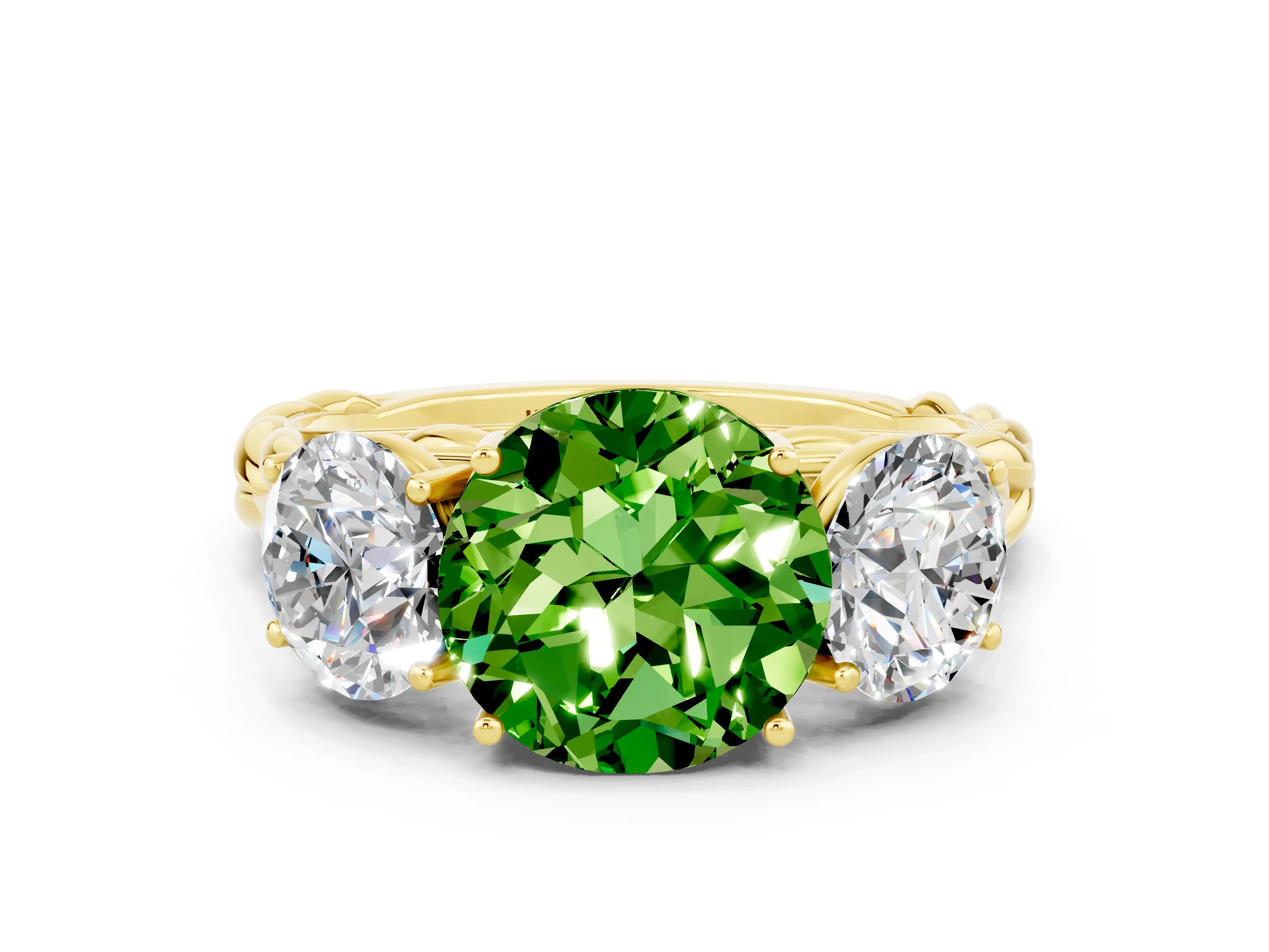 Yellow gold Three-Stone Round Cut Peridot Braided Band Ring with Four-Prong Setting_12