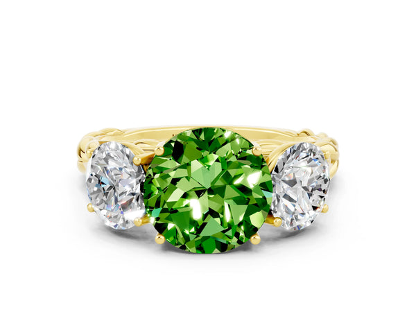 Yellow gold Three-Stone Round Cut Peridot Braided Band Ring with Four-Prong Setting