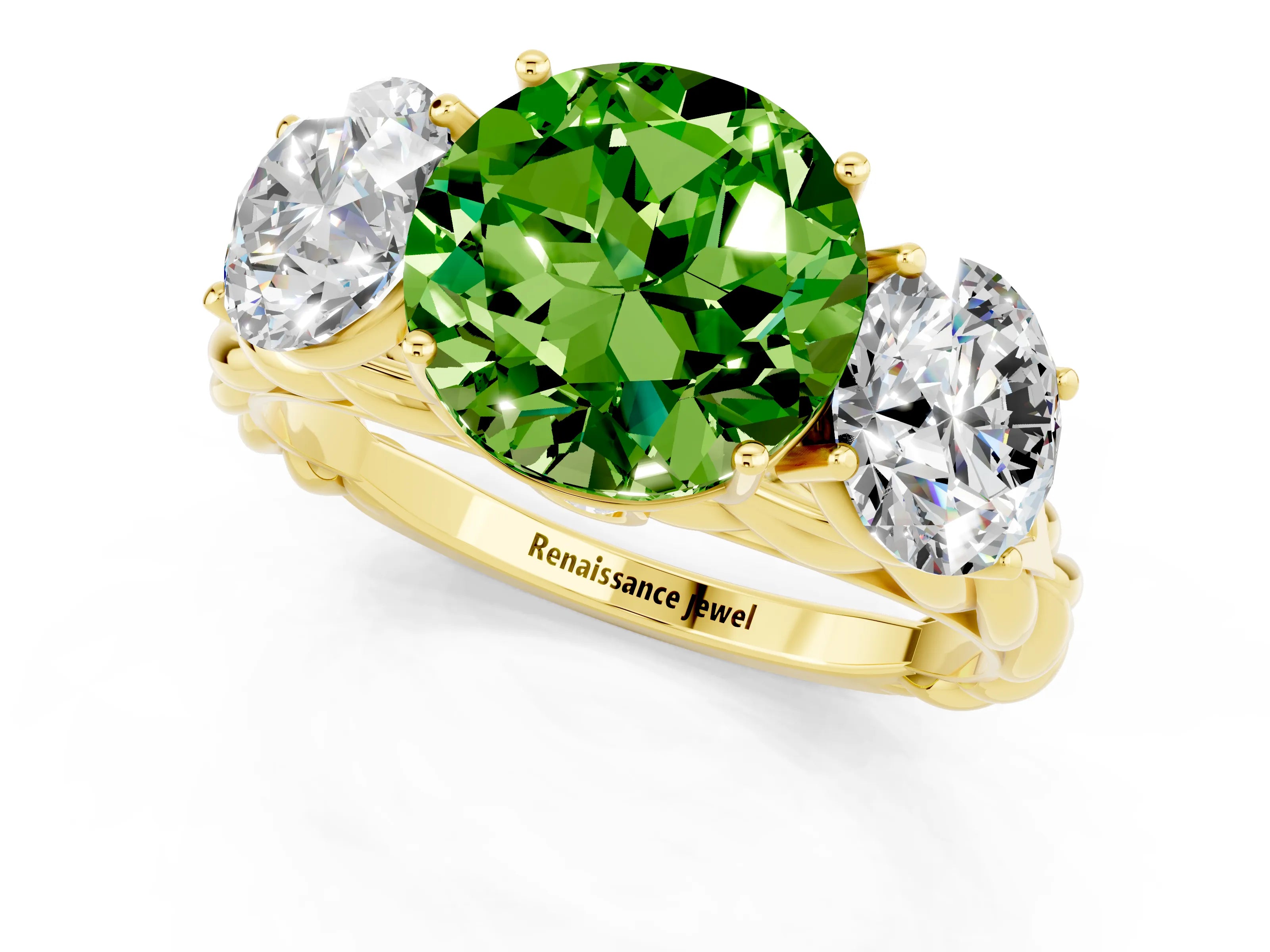 Yellow gold Three-Stone Round Cut Peridot Braided Band Ring with Four-Prong Setting_13