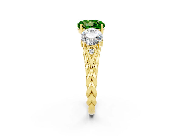 Yellow gold Three-Stone Round Cut Peridot Braided Band Ring with Four-Prong Setting