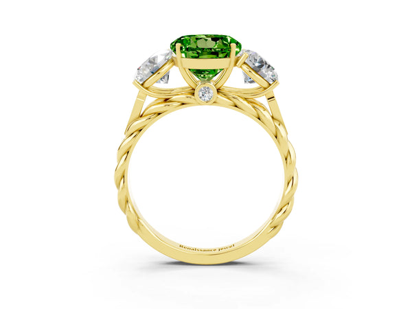 Yellow gold Three-Stone Round Cut Peridot Braided Band Ring with Four-Prong Setting