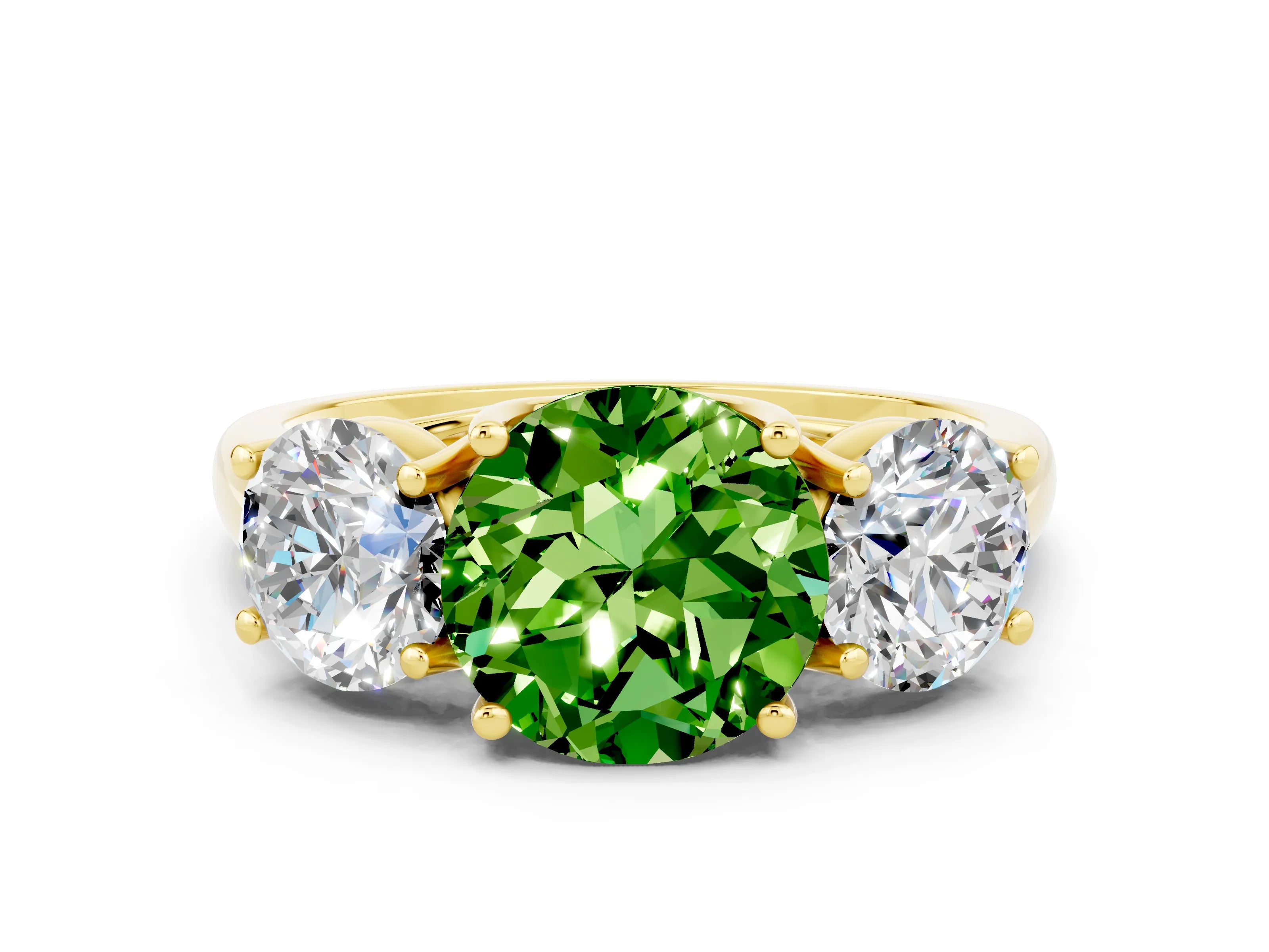 Yellow gold Three-Stone Round Cut Peridot Engagement Ring with Prong Setting