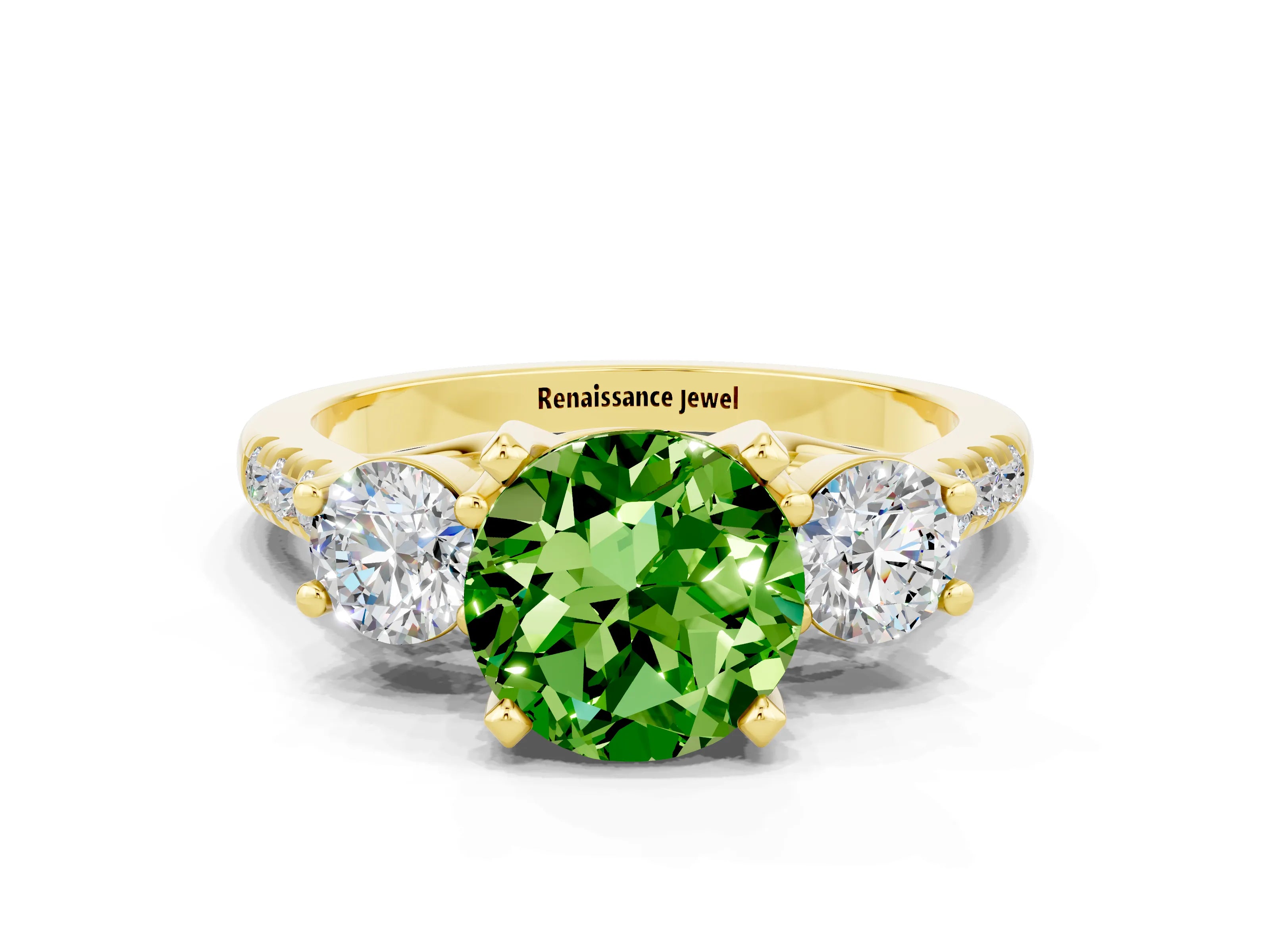 Yellow gold Three-Stone Round Cut Peridot Pavé Band with Four-Prong Setting