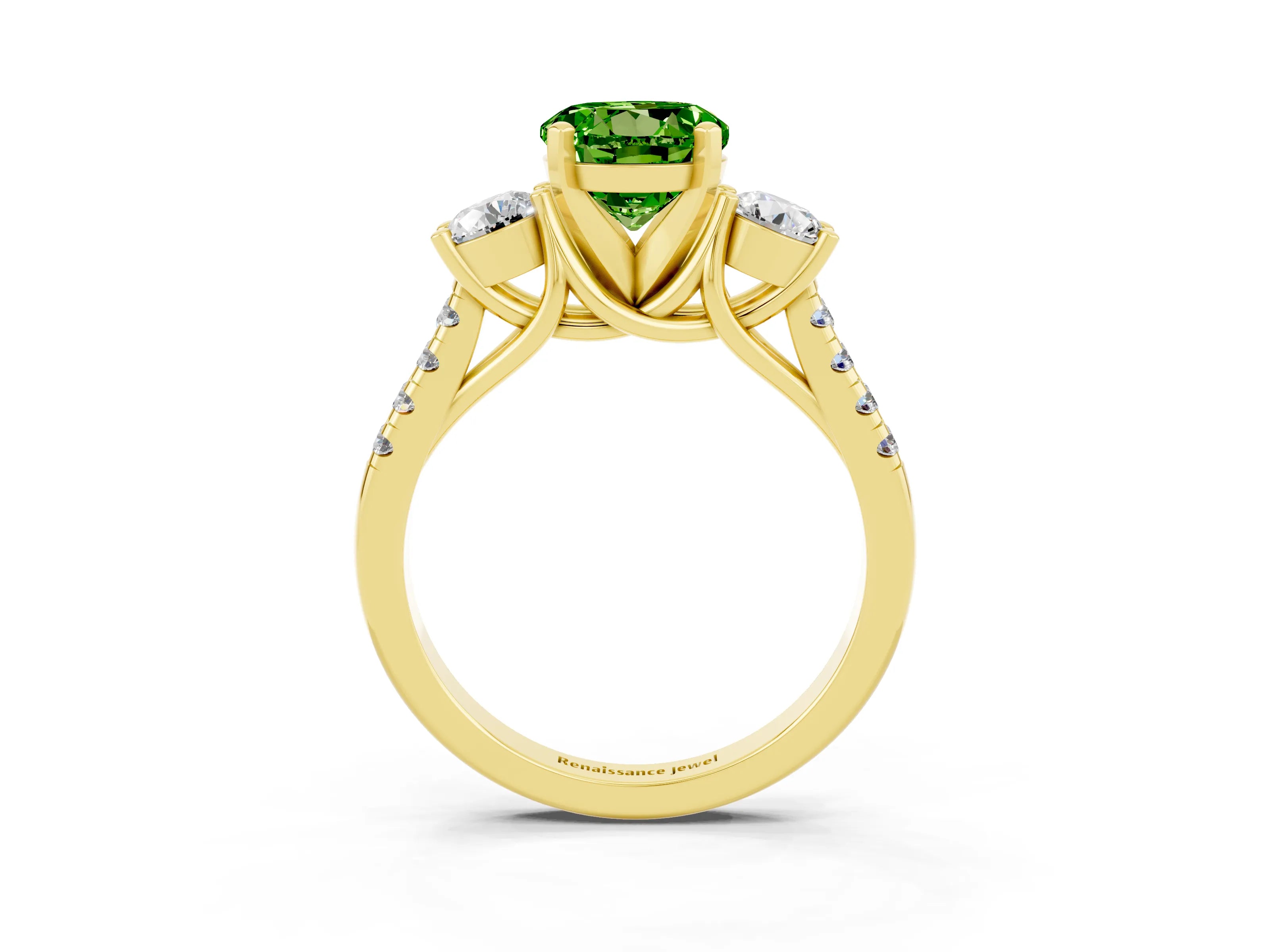 Yellow gold Three-Stone Round Cut Peridot Pavé Band with Four-Prong Setting_3