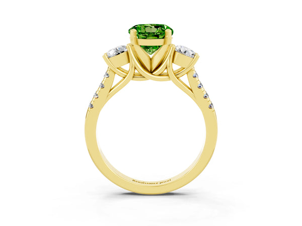 Yellow gold Three-Stone Round Cut Peridot Pavé Band with Four-Prong Setting