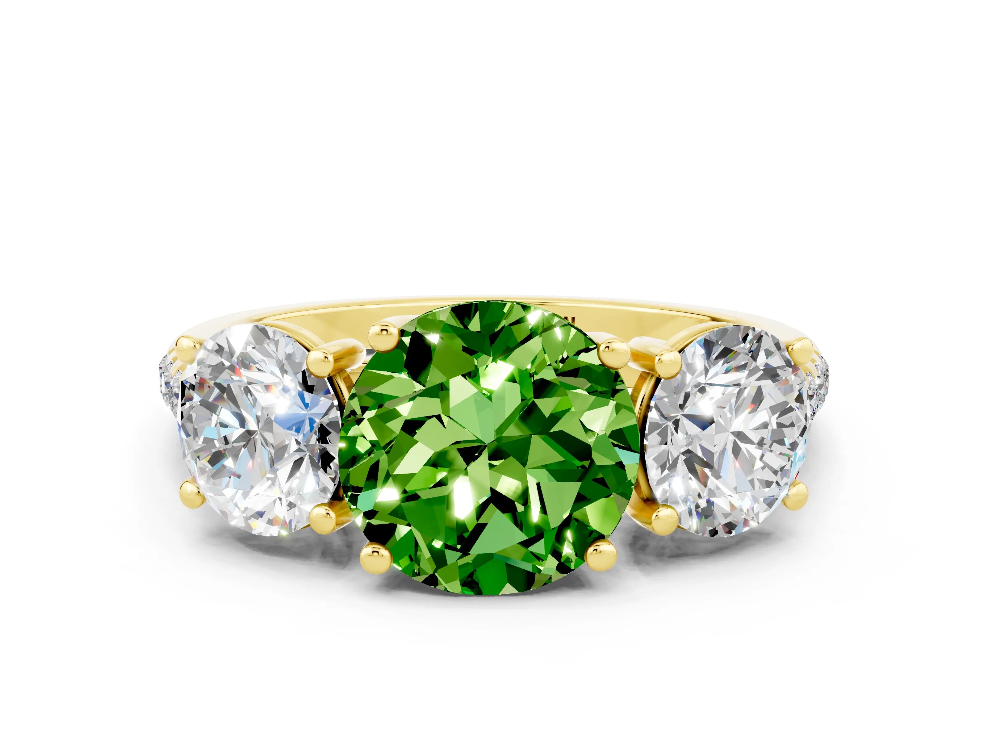 Yellow gold Three-Stone Round Cut Peridot Ring with Pavé Band and Prong Setting_12