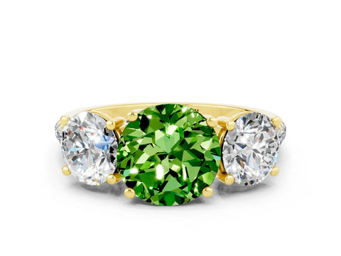 Yellow gold Three-Stone Round Cut Peridot Ring with Pavé Band and Prong Setting_12