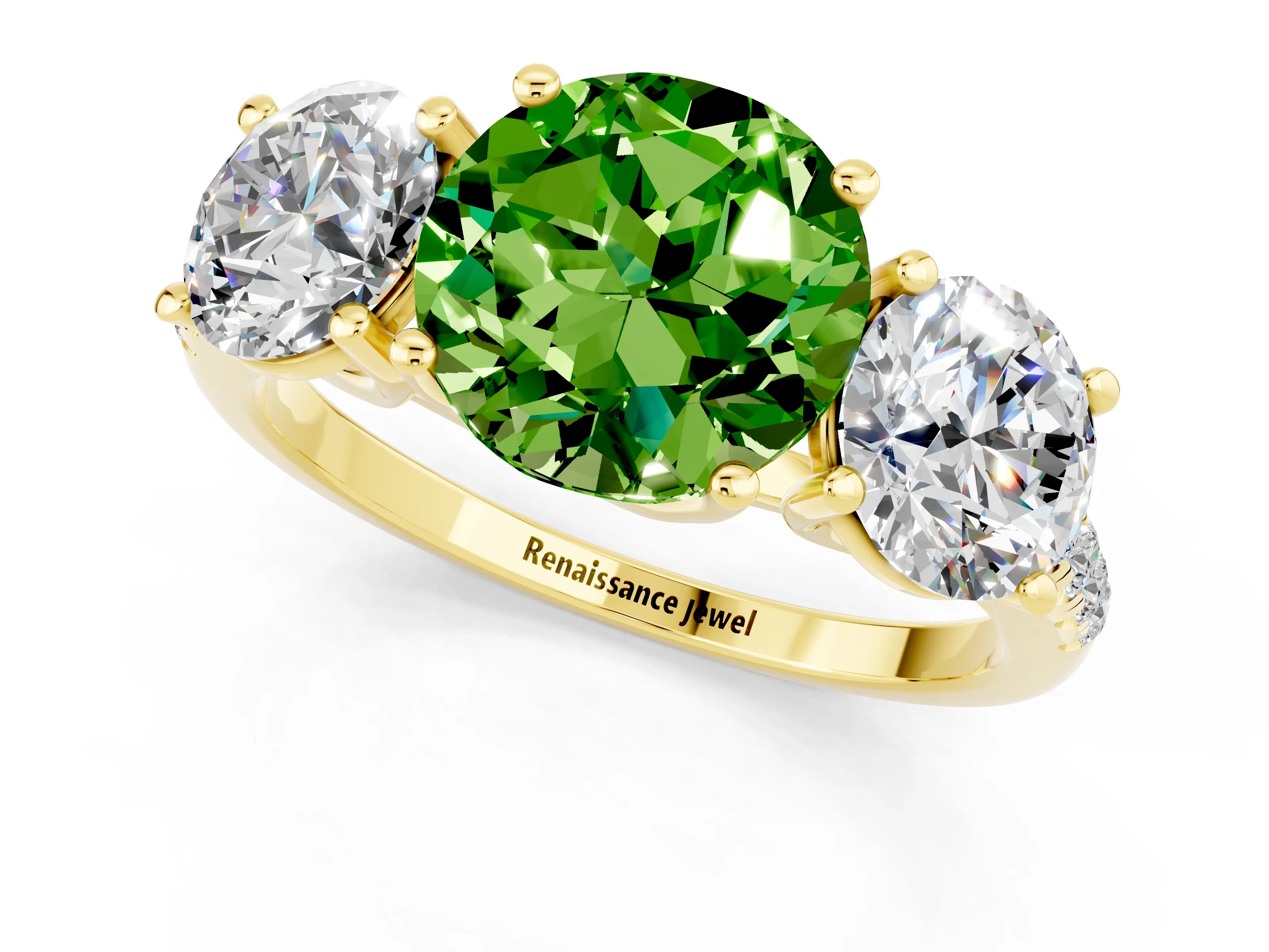 Yellow gold Three-Stone Round Cut Peridot Ring with Pavé Band and Prong Setting_13