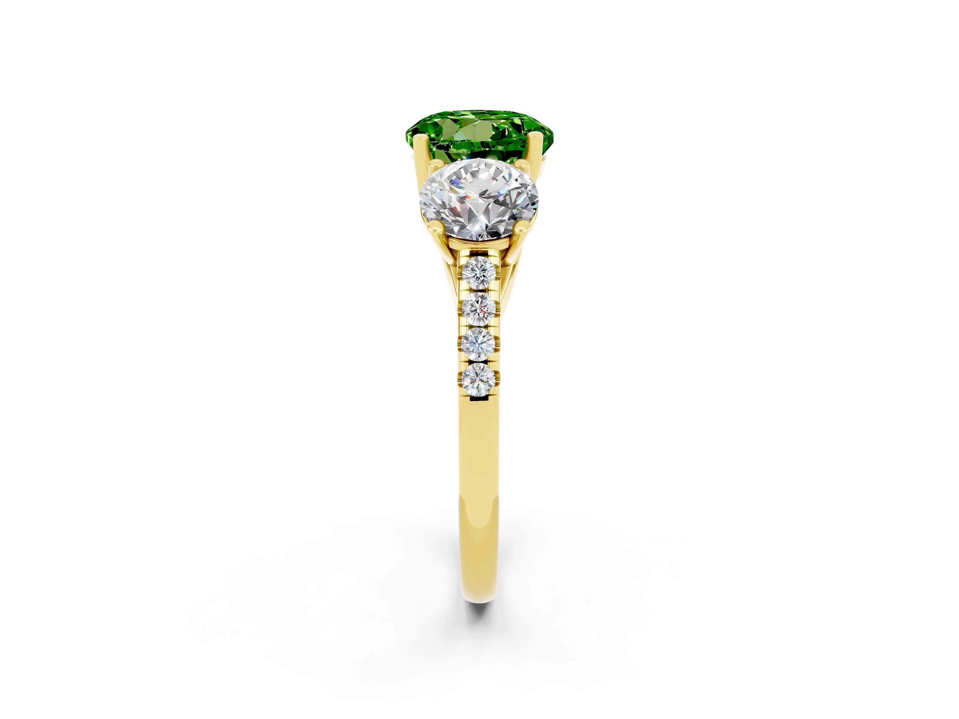 Yellow gold Three-Stone Round Cut Peridot Ring with Pavé Band and Prong Setting_14