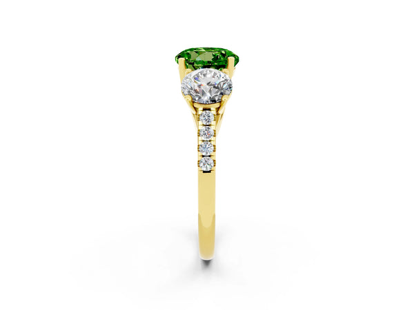 Yellow gold Three-Stone Round Cut Peridot Ring with Round  Pavé Band and Prong Setting
