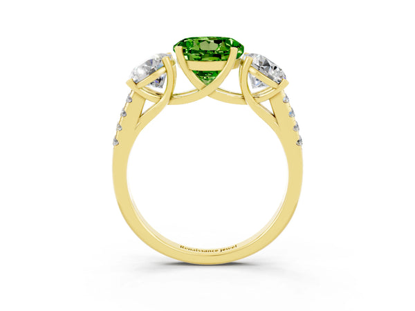 Yellow gold Three-Stone Round Cut Peridot Ring with Round  Pavé Band and Prong Setting