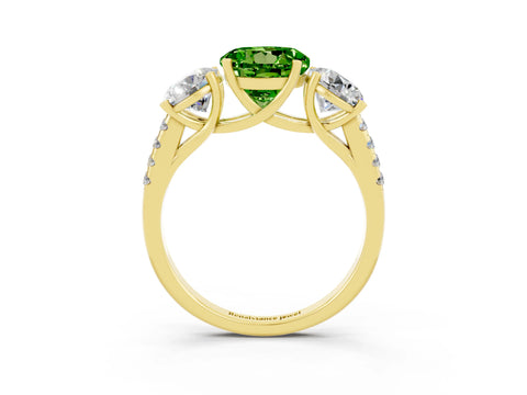 Yellow gold Three-Stone Round Cut Peridot Ring with Pavé Band and Prong Setting_15