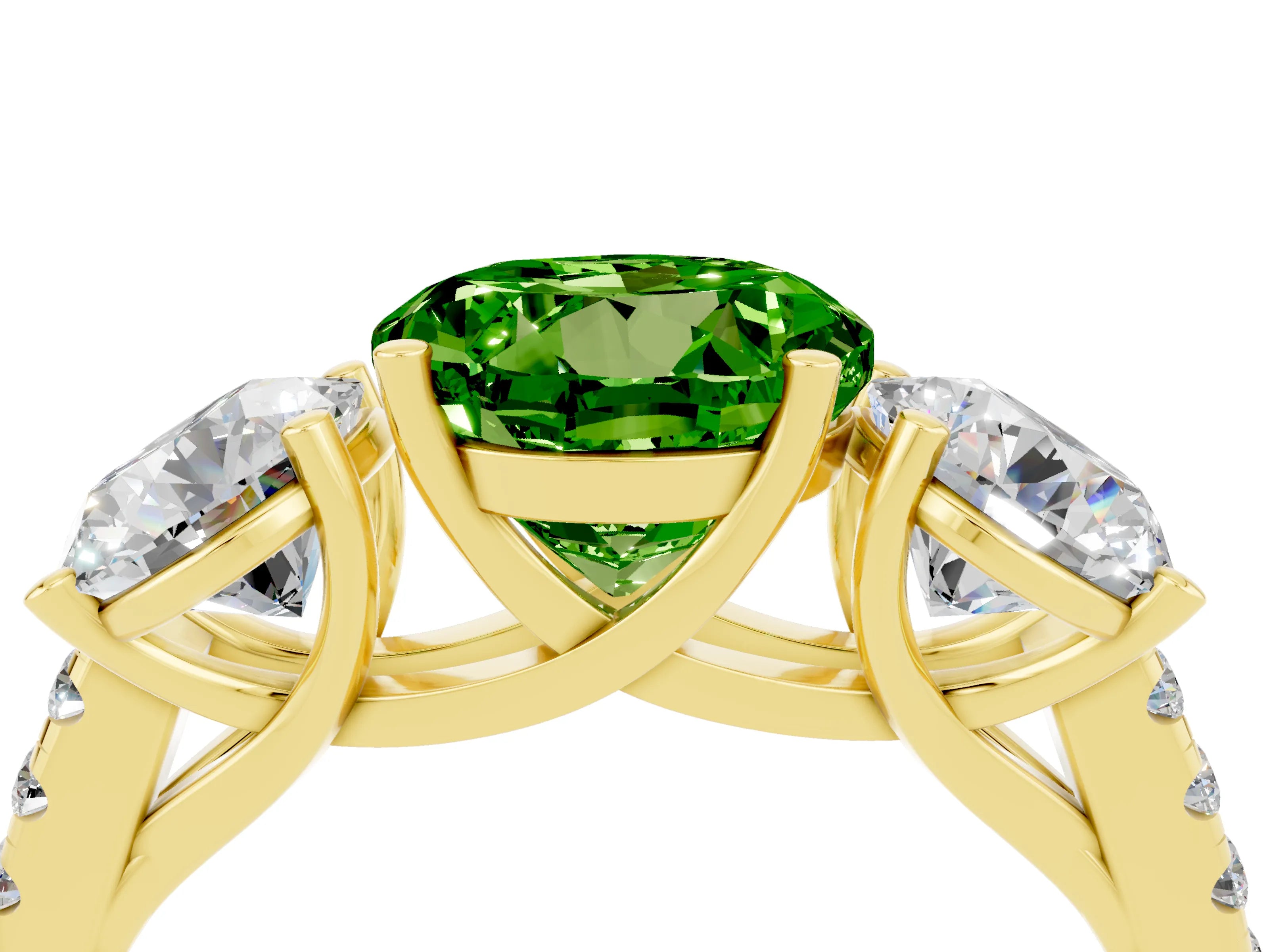 Yellow gold Three-Stone Round Cut Peridot Ring with Pavé Band and Prong Setting_16