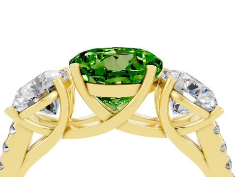 Yellow gold Three-Stone Round Cut Peridot Ring with Pavé Band and Prong Setting_16