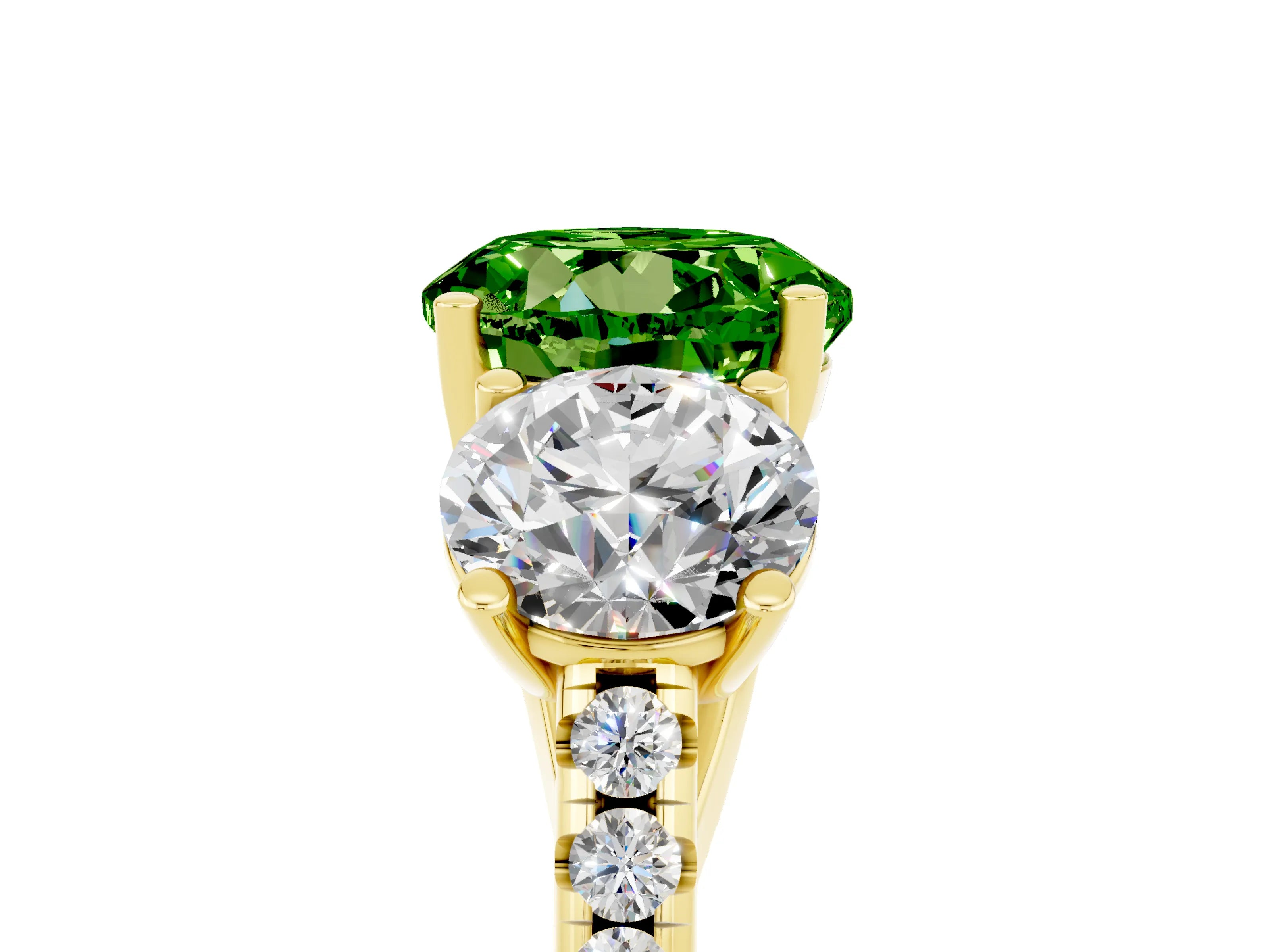 Yellow gold Three-Stone Round Cut Peridot Ring with Pavé Band and Prong Setting_17