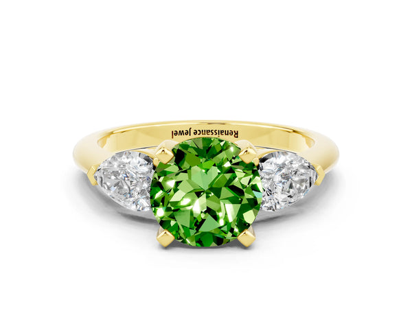 Yellow gold Three-Stone Round Cut Peridot Ring with Pear Side Stones and Four-Prong Setting