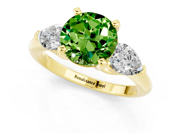 Yellow gold Three-Stone Round Cut Peridot Ring with Pear Side Stones and Four-Prong Setting