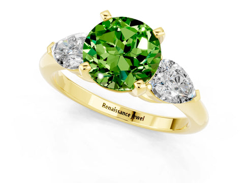 Yellow gold Three-Stone Round Cut Peridot Ring with Pear Side Stones and Four-Prong Setting_1