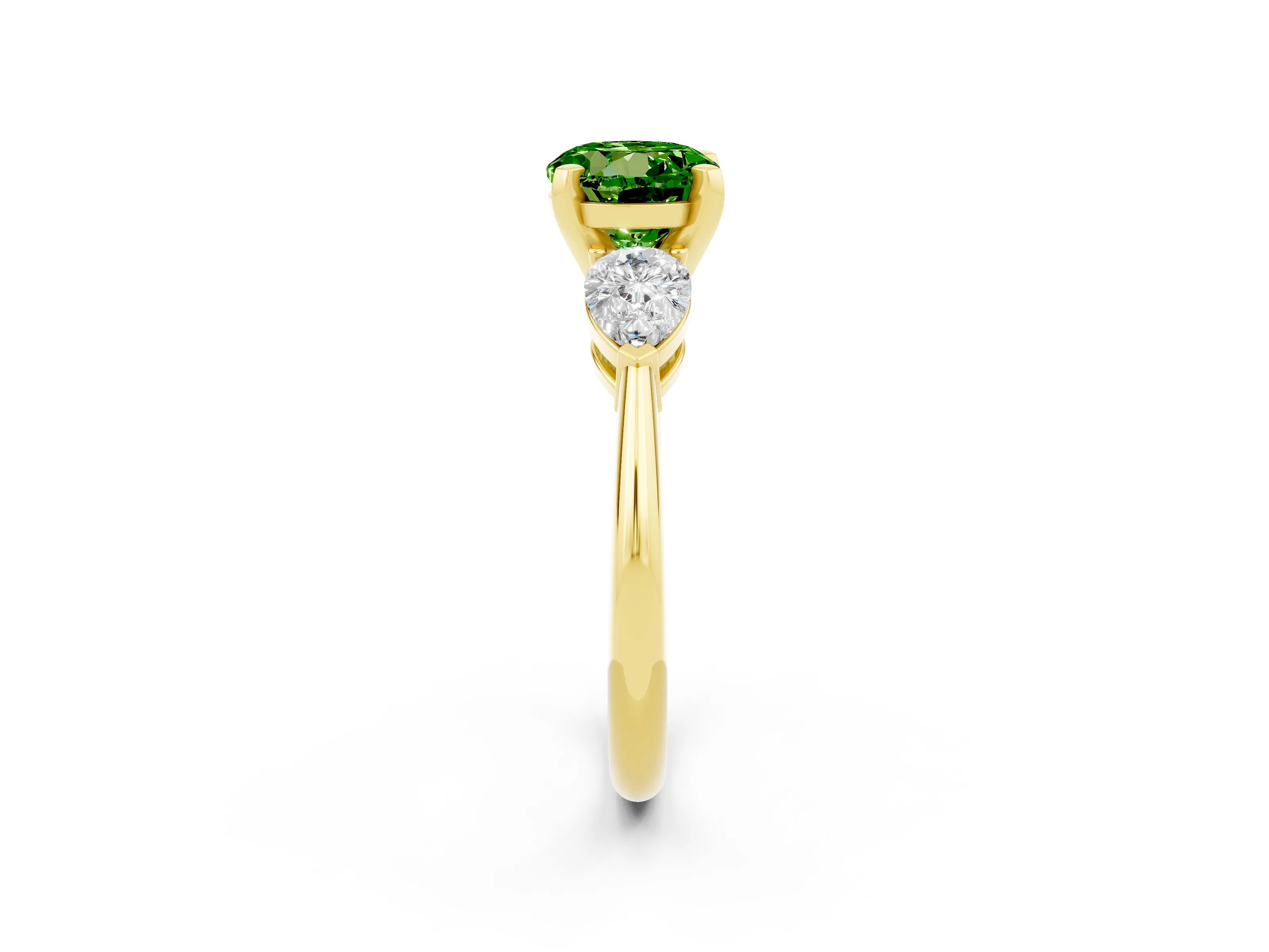 Yellow gold Three-Stone Round Cut Peridot Ring with Pear Side Stones and Four-Prong Setting_2