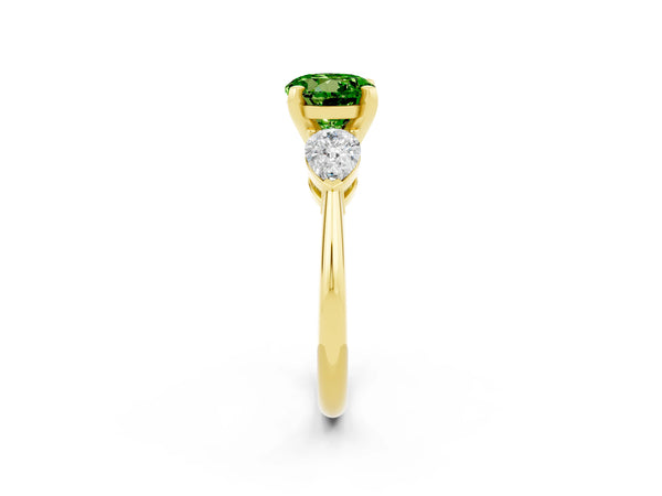 Yellow gold Three-Stone Round Cut Peridot Ring with Pear Side Stones and Four-Prong Setting