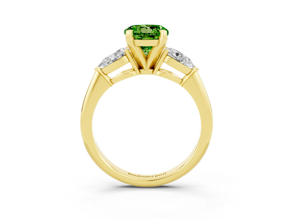 Yellow gold Three-Stone Round Cut Peridot Ring with Pear Side Stones and Four-Prong Setting