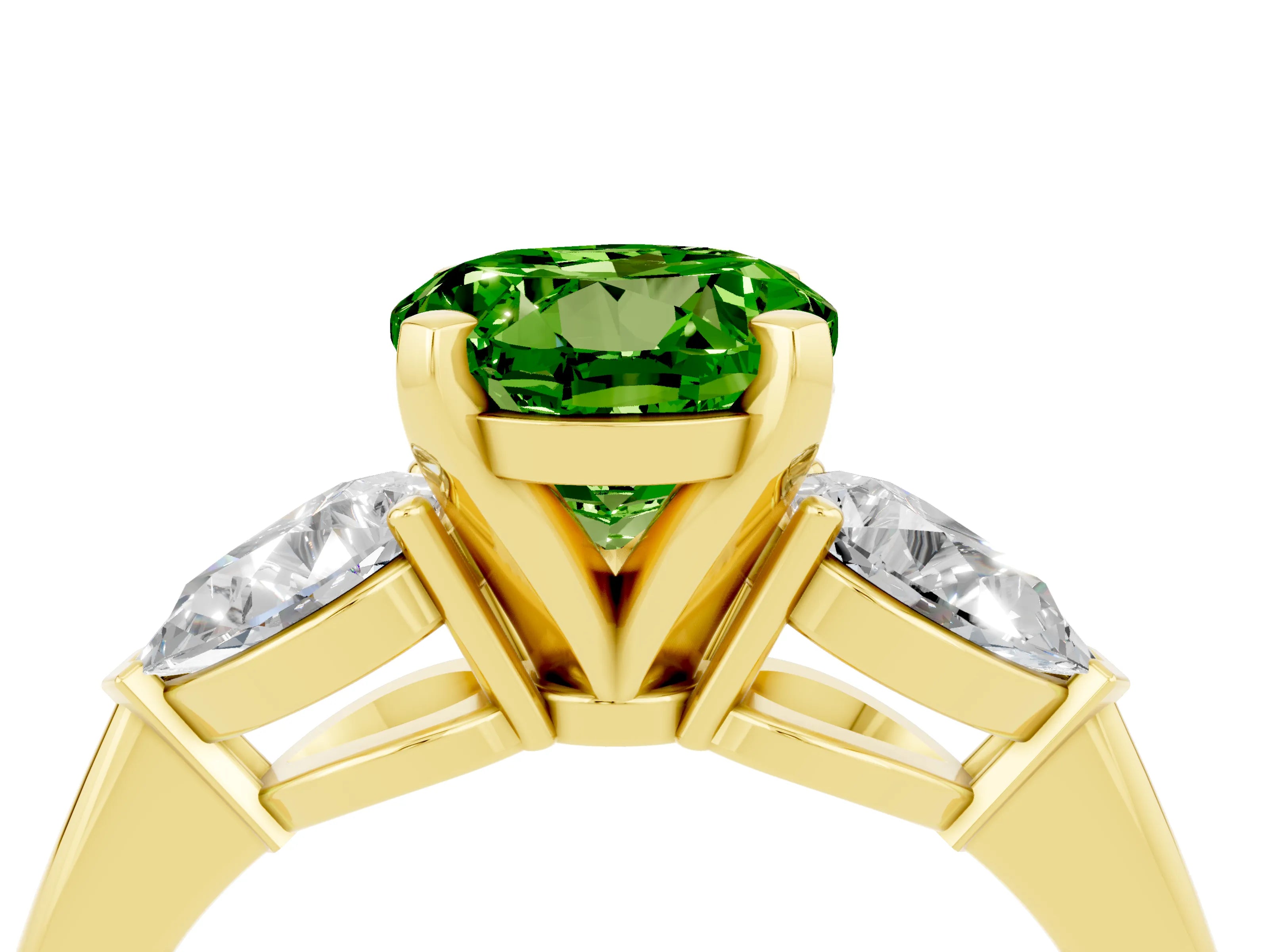 Yellow gold Three-Stone Round Cut Peridot Ring with Pear Side Stones and Four-Prong Setting_4