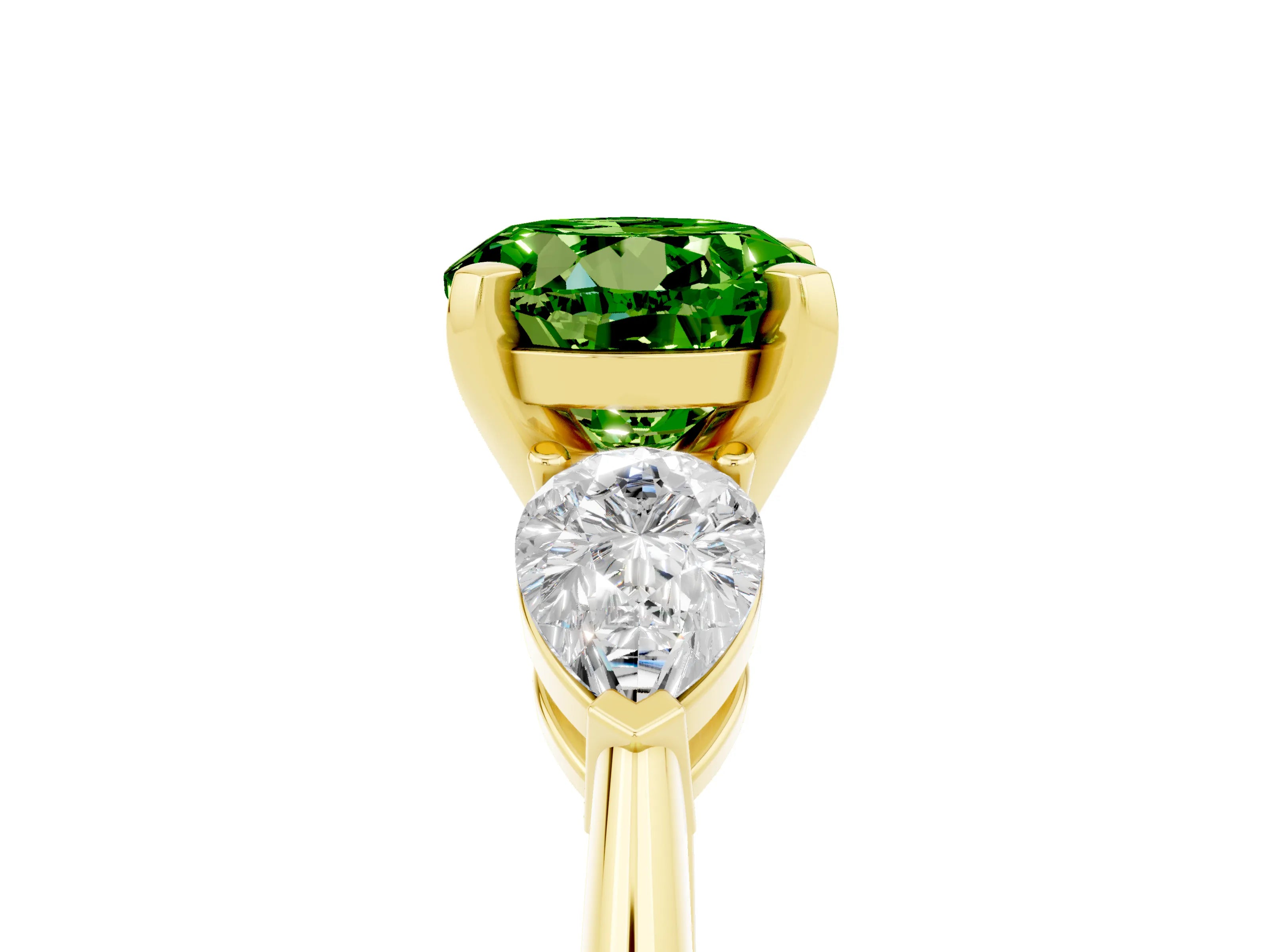 Yellow gold Three-Stone Round Cut Peridot Ring with Pear Side Stones and Four-Prong Setting_5