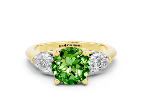 Yellow gold Three-Stone Round Cut Peridot Ring with Pear Side Stones and Four-Prong Setting