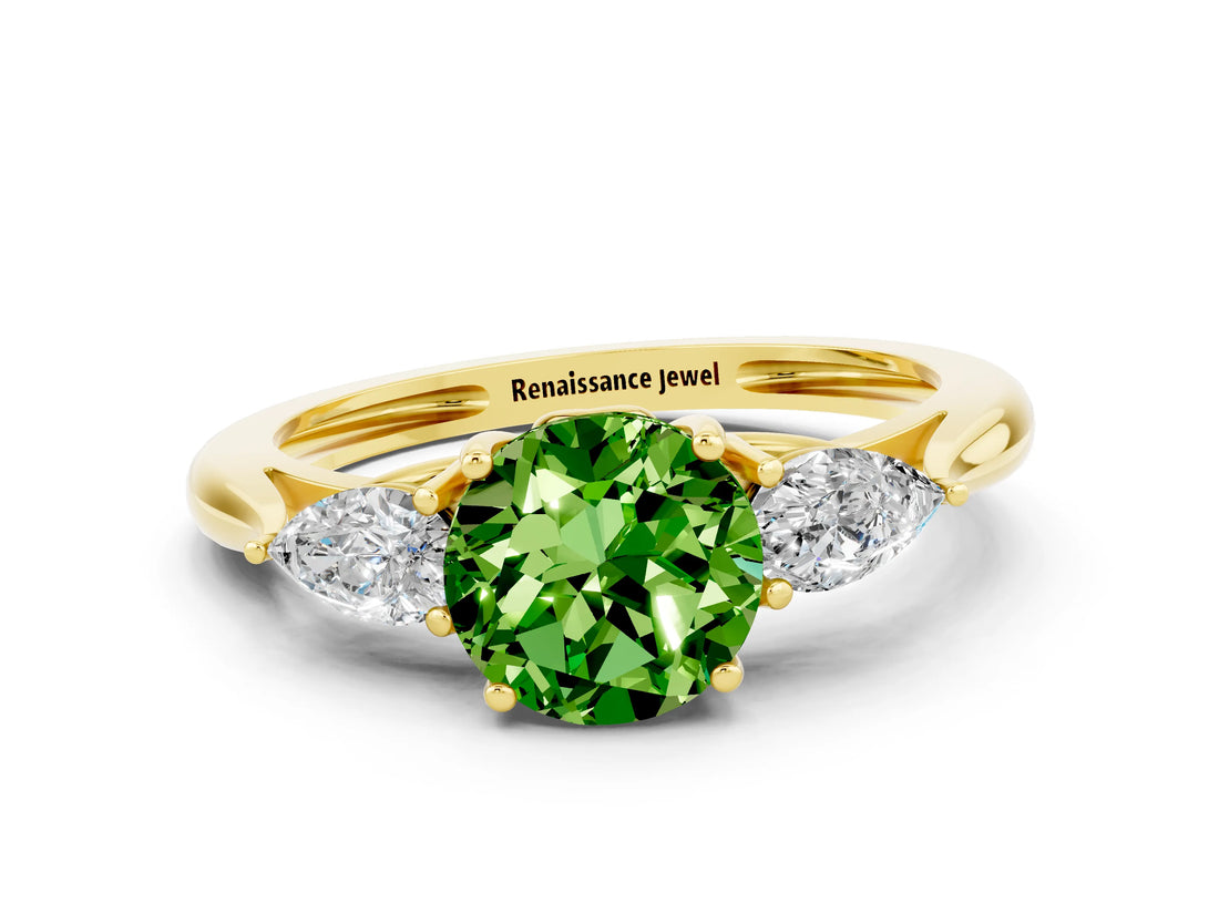 Yellow gold Three-Stone Round Cut Peridot Ring with Pear  Side Stones in Four-Prong Setting_36
