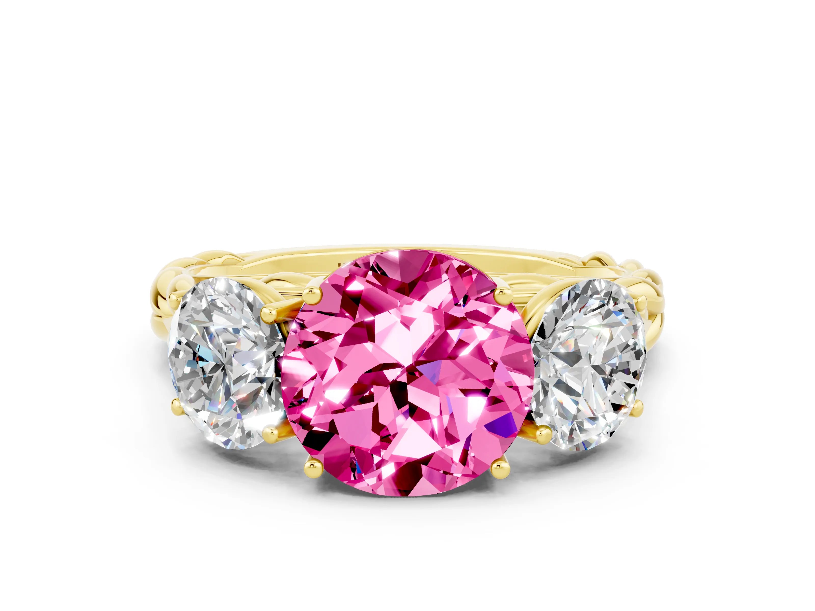 Yellow gold Three-Stone Round Cut Pink Sapphire Braided Band Ring with Four-Prong Setting_36