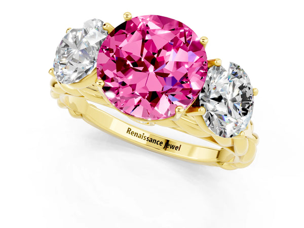 Yellow gold Three-Stone Round Cut Pink Sapphire Braided Band Ring with Four-Prong Setting