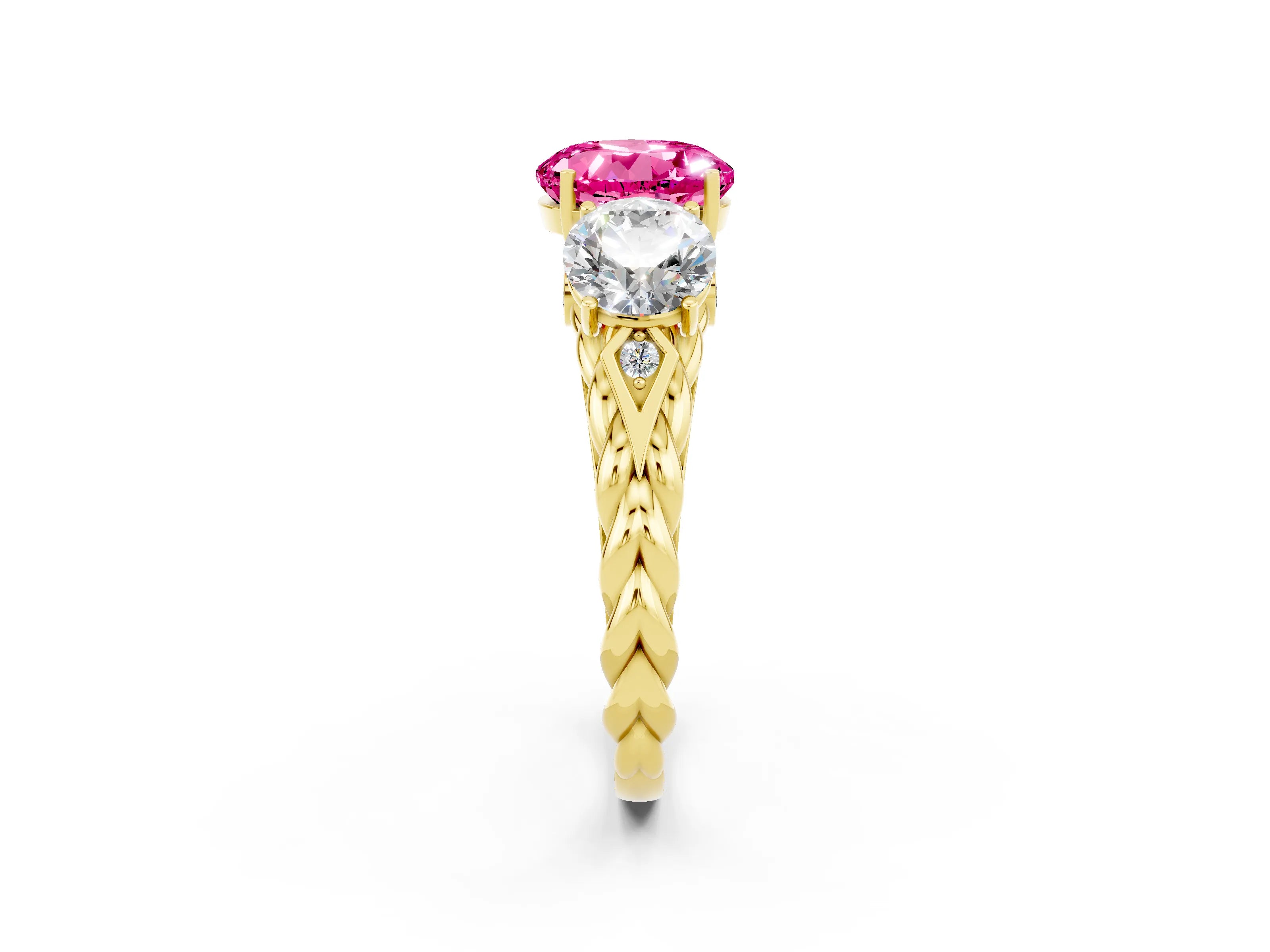 Yellow gold Three-Stone Round Cut Pink Sapphire Braided Band Ring with Four-Prong Setting_38