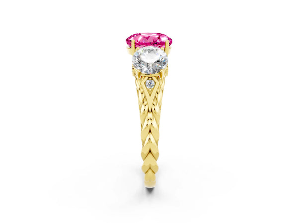 Yellow gold Three-Stone Round Cut Pink Sapphire Braided Band Ring with Four-Prong Setting