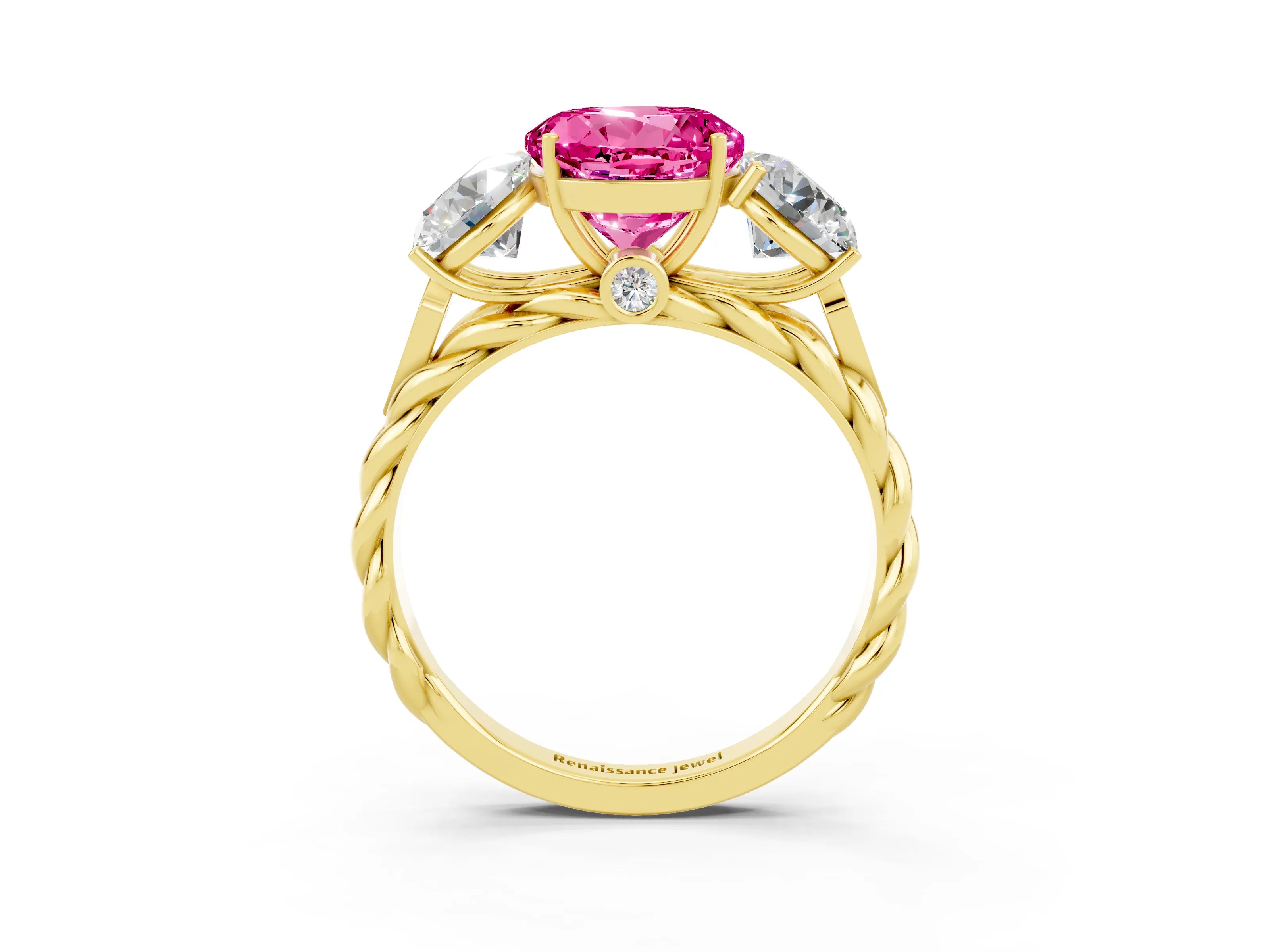 Yellow gold Three-Stone Round Cut Pink Sapphire Braided Band Ring with Four-Prong Setting_39