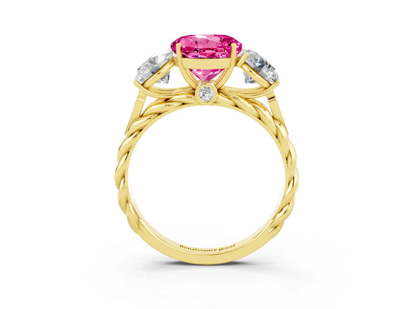 Yellow gold Three-Stone Round Cut Pink Sapphire Braided Band Ring with Four-Prong Setting