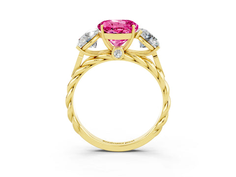 Yellow gold Three-Stone Round Cut Pink Sapphire Braided Band Ring with Four-Prong Setting_39
