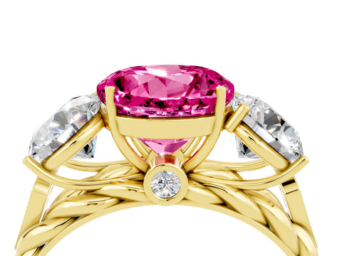 Yellow gold Three-Stone Round Cut Pink Sapphire Braided Band Ring with Four-Prong Setting_40