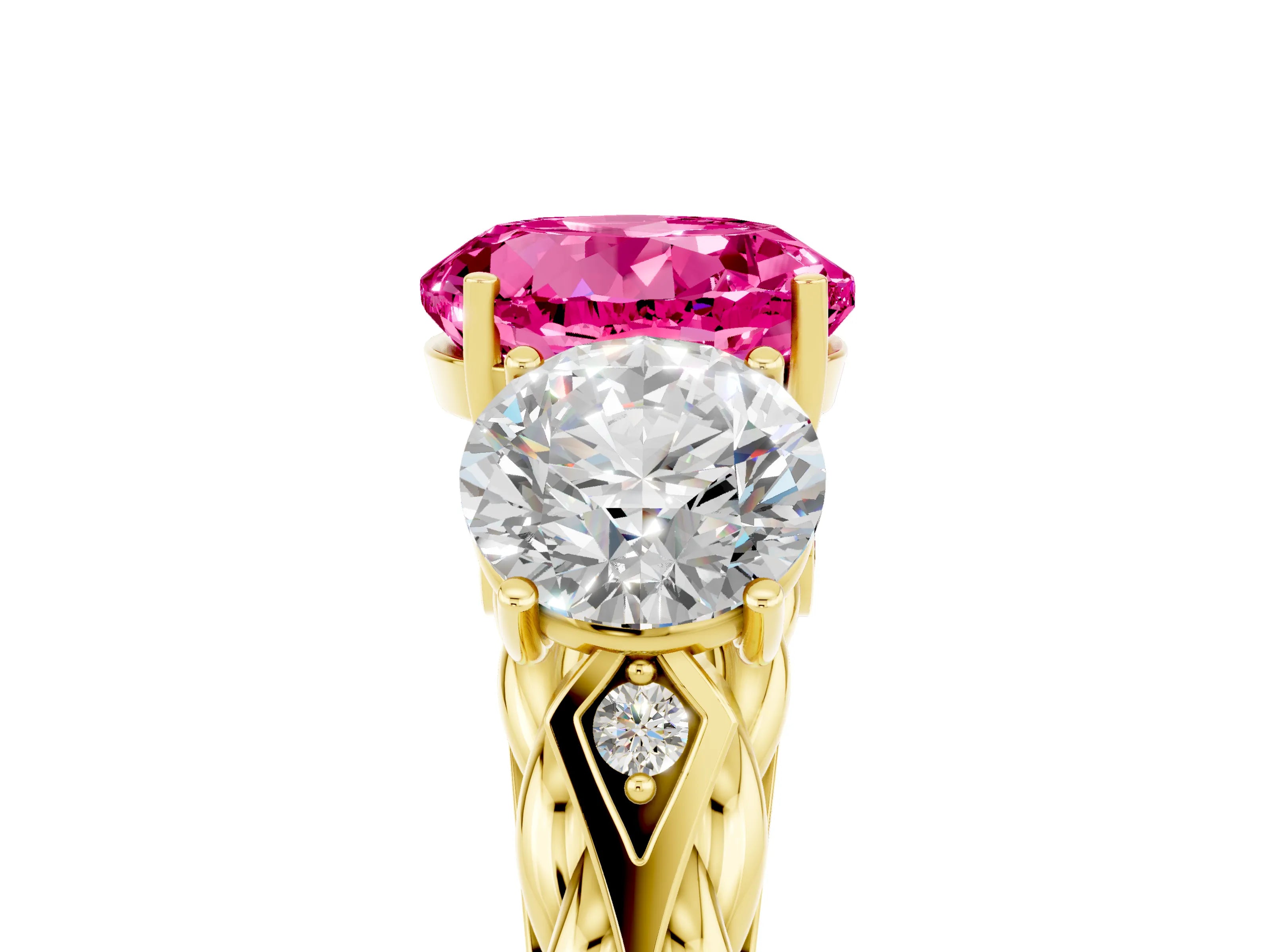 Yellow gold Three-Stone Round Cut Pink Sapphire Braided Band Ring with Four-Prong Setting_41