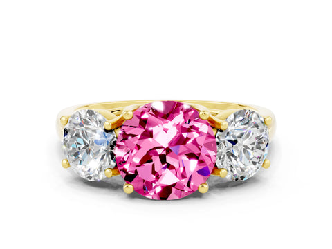 Yellow gold Three-Stone Round Cut Pink Sapphire Engagement Ring with Prong Setting_12
