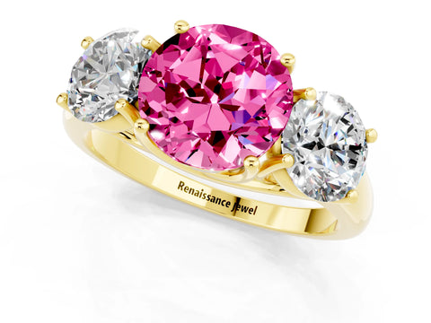 Yellow gold Three-Stone Round Cut Pink Sapphire Engagement Ring with Prong Setting_13