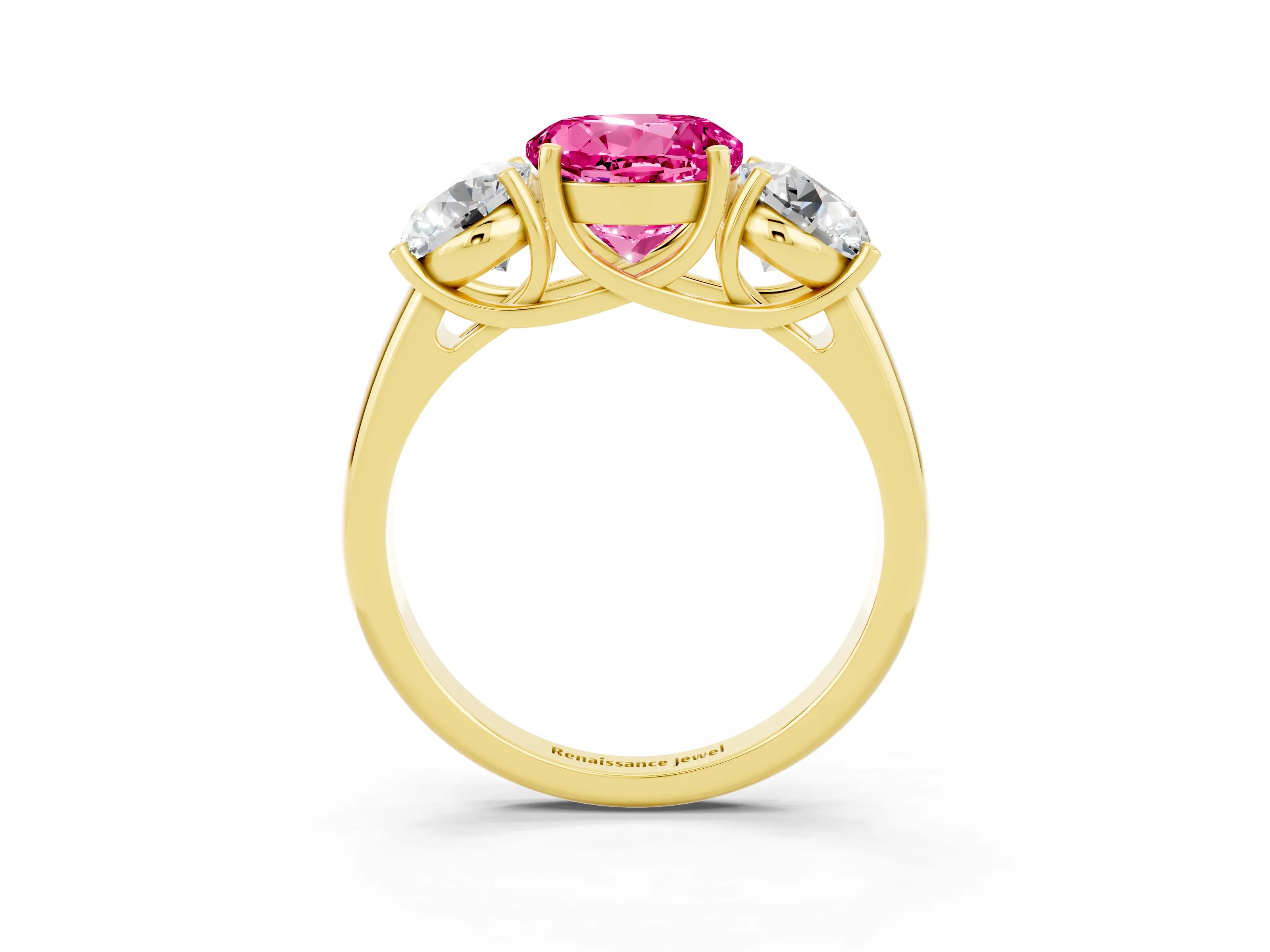 Yellow gold Three-Stone Round Cut Pink Sapphire Engagement Ring with Prong Setting_15