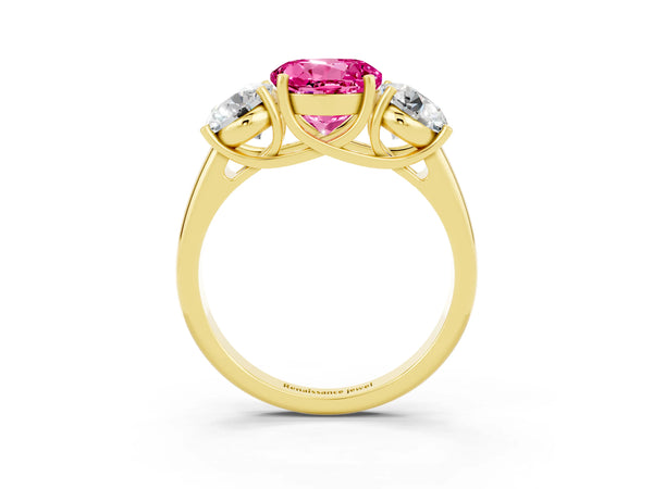 Yellow gold Three-Stone Round Cut Pink Sapphire Engagement Ring with Prong Setting