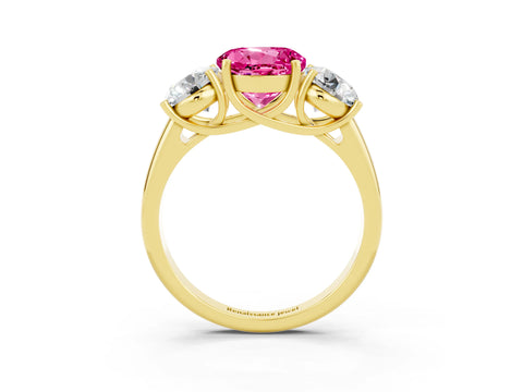 Yellow gold Three-Stone Round Cut Pink Sapphire Engagement Ring with Prong Setting_15