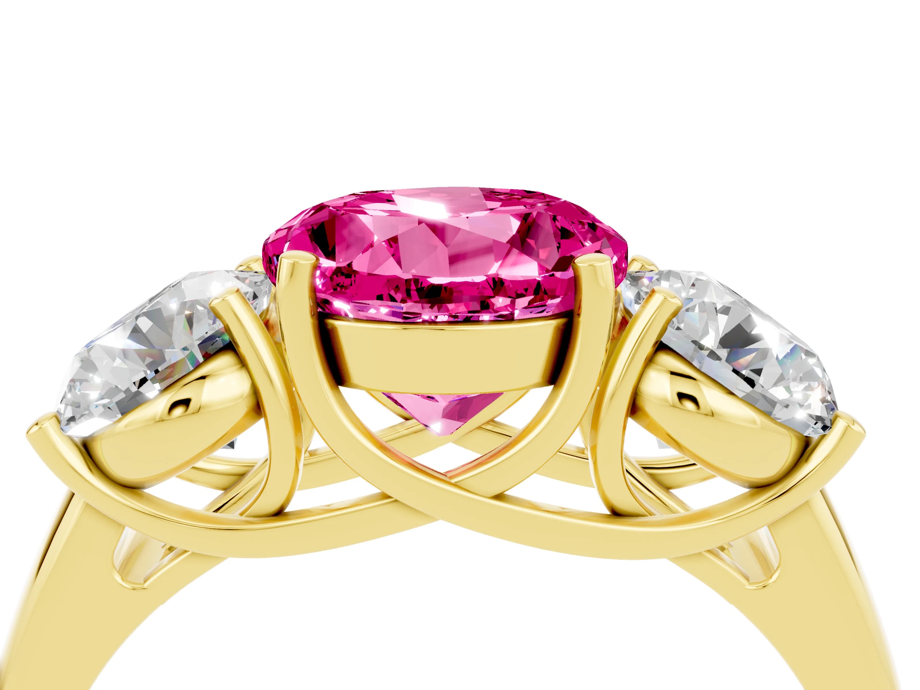 Yellow gold Three-Stone Round Cut Pink Sapphire Engagement Ring with Prong Setting_16