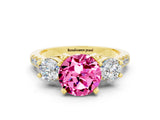 Yellow gold Three-Stone Round Cut Pink Sapphire Pavé Band with Four-Prong Setting_24