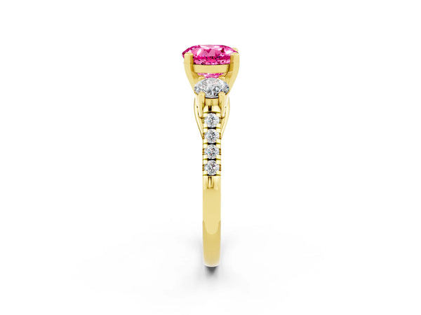Yellow gold Three-Stone Round Cut Pink Sapphire Pavé Band with Four-Prong Setting