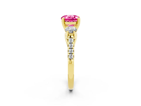 Yellow gold Three-Stone Round Cut Pink Sapphire Pavé Band with Four-Prong Setting_26