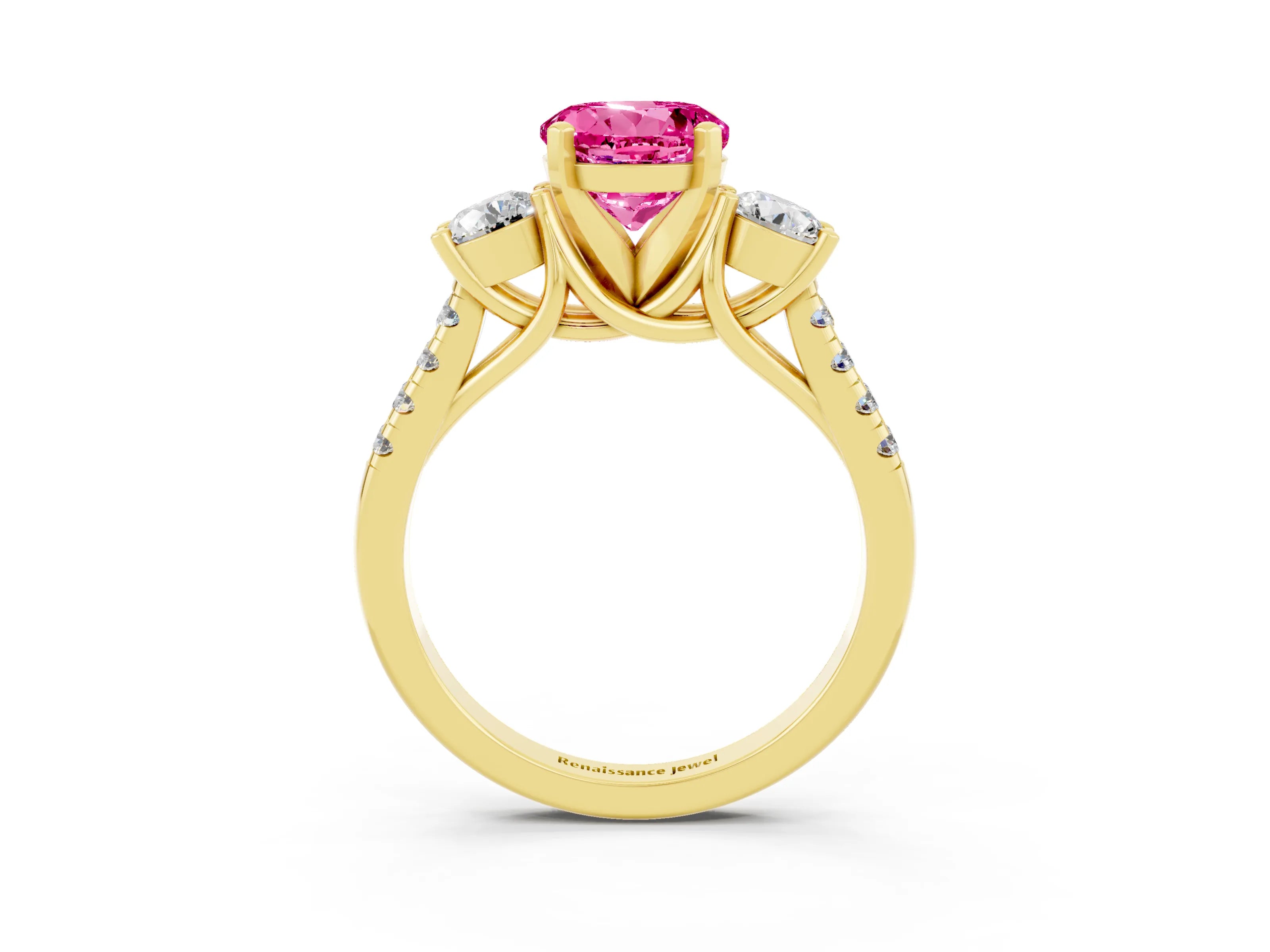 Yellow gold Three-Stone Round Cut Pink Sapphire Pavé Band with Four-Prong Setting_27