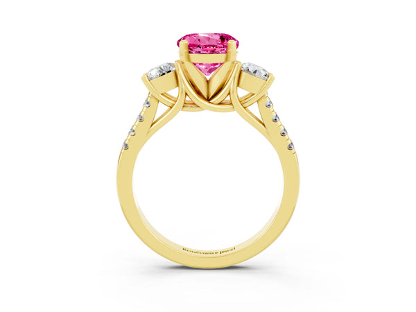 Yellow gold Three-Stone Round Cut Pink Sapphire Pavé Band with Four-Prong Setting